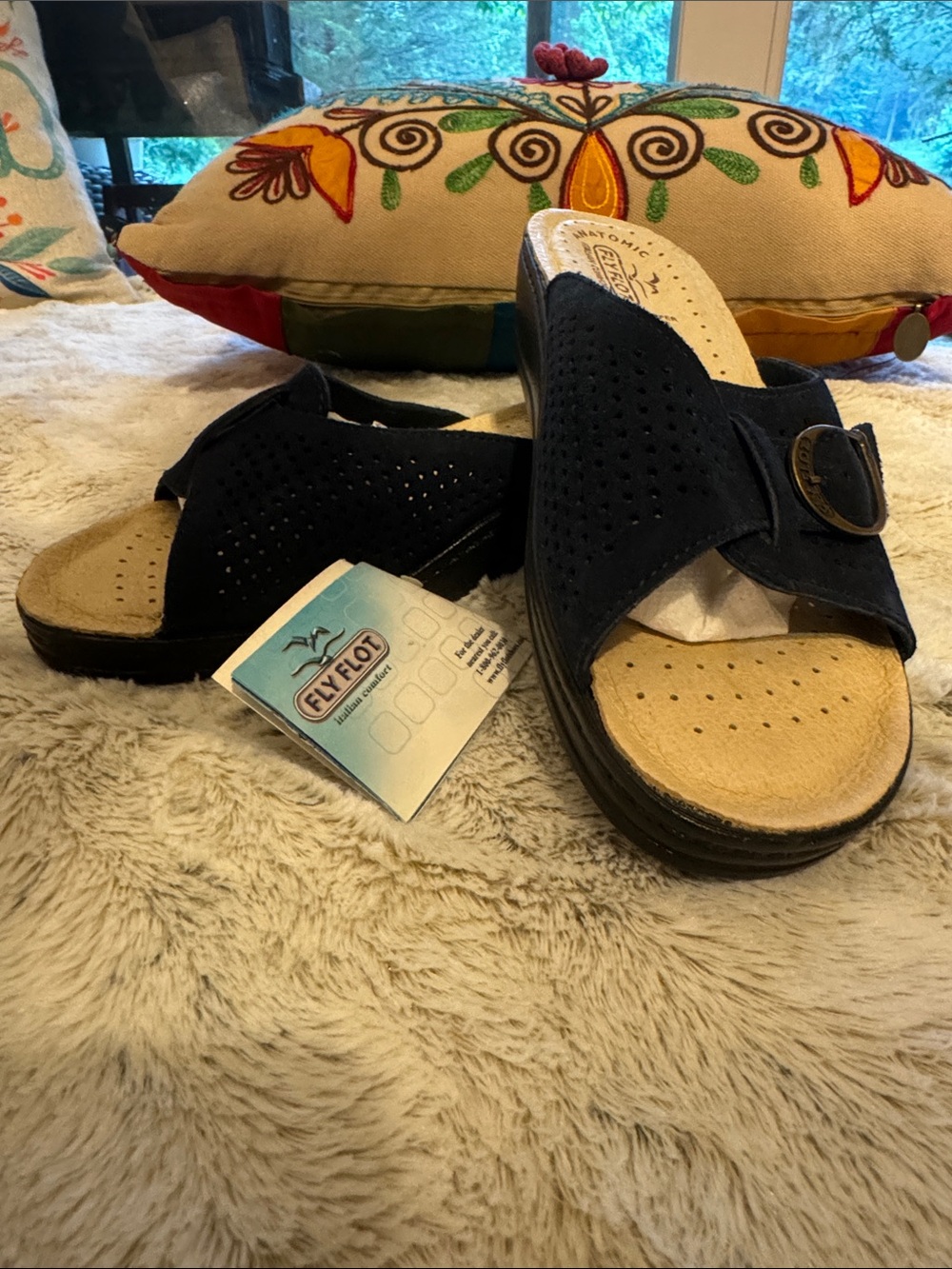 Fly Flot Women's Navy Suede Slide Sandals with Adjustable Buckle